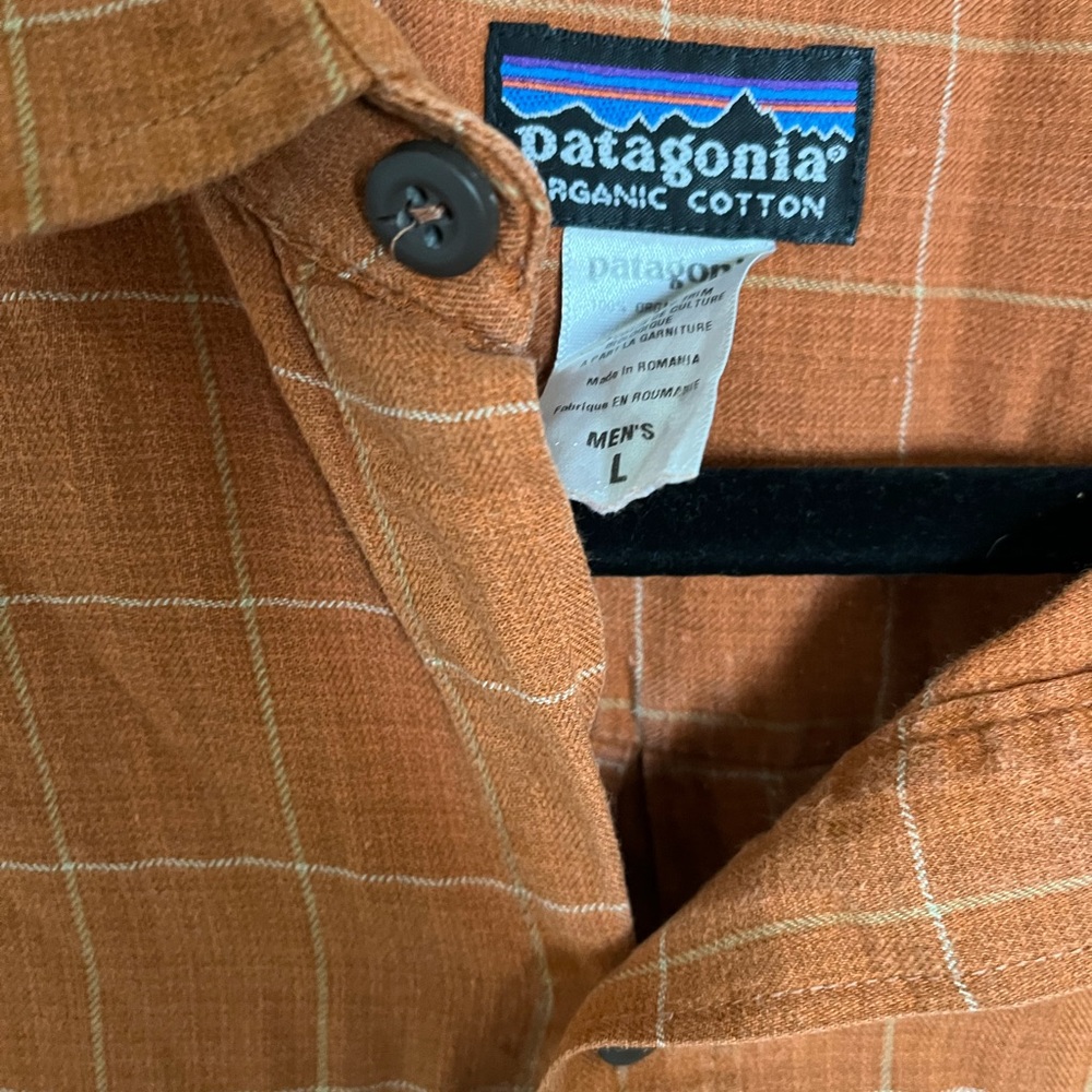Patagonia Shirt Men's L Long Sleeve Burnt Orange Collar LOGO Top Plaid Cotton ✅ - Picture 4 of 4